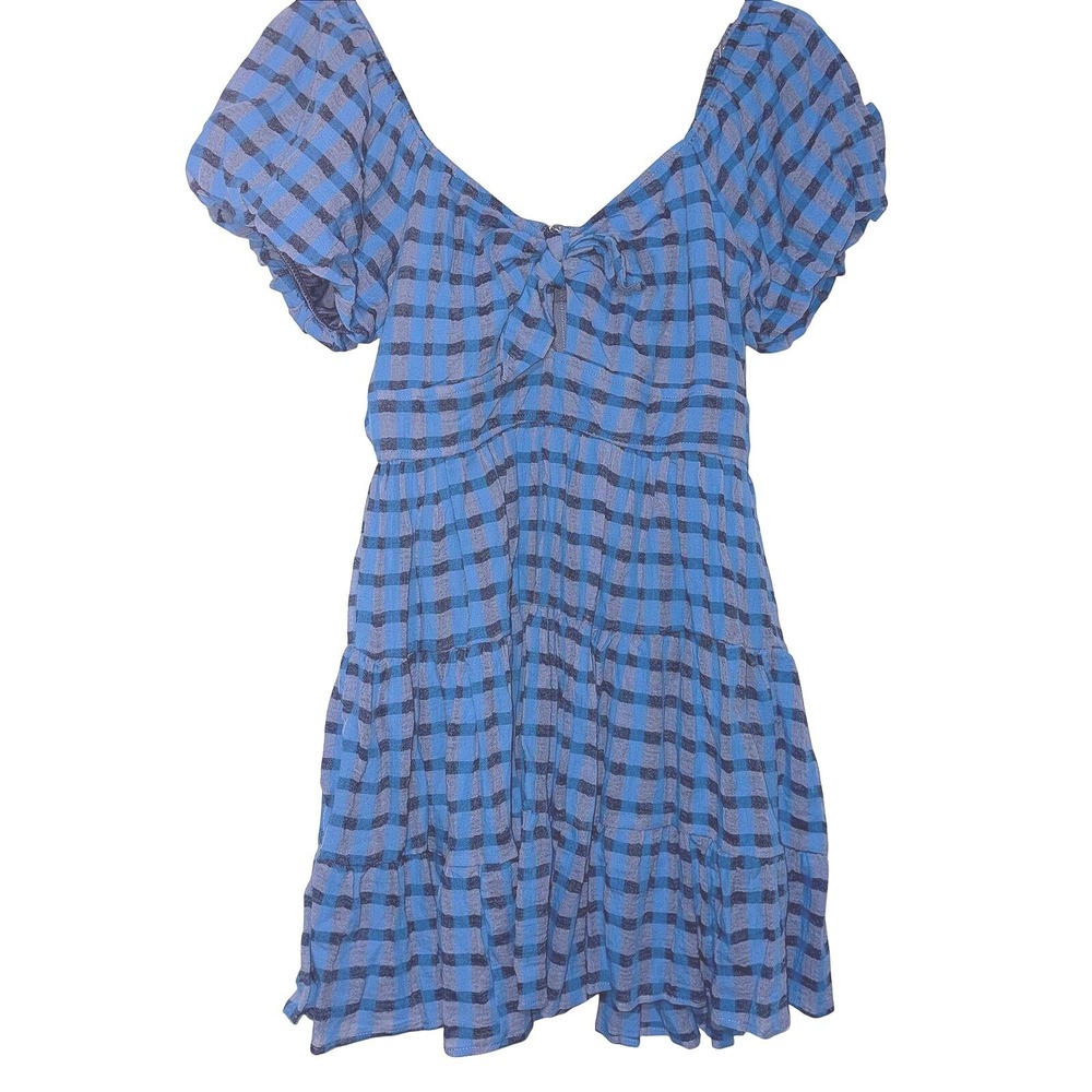 Trixi Francesca's Blue Gingham Tiered Puff Sleeve Mini Dress Large‎ NWT